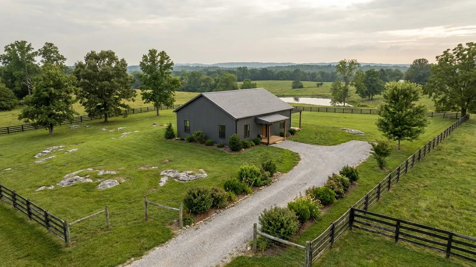 A compact 30x40 barndominium sized like a starter home or cabin, with a covered entry porch and no large shop bay.