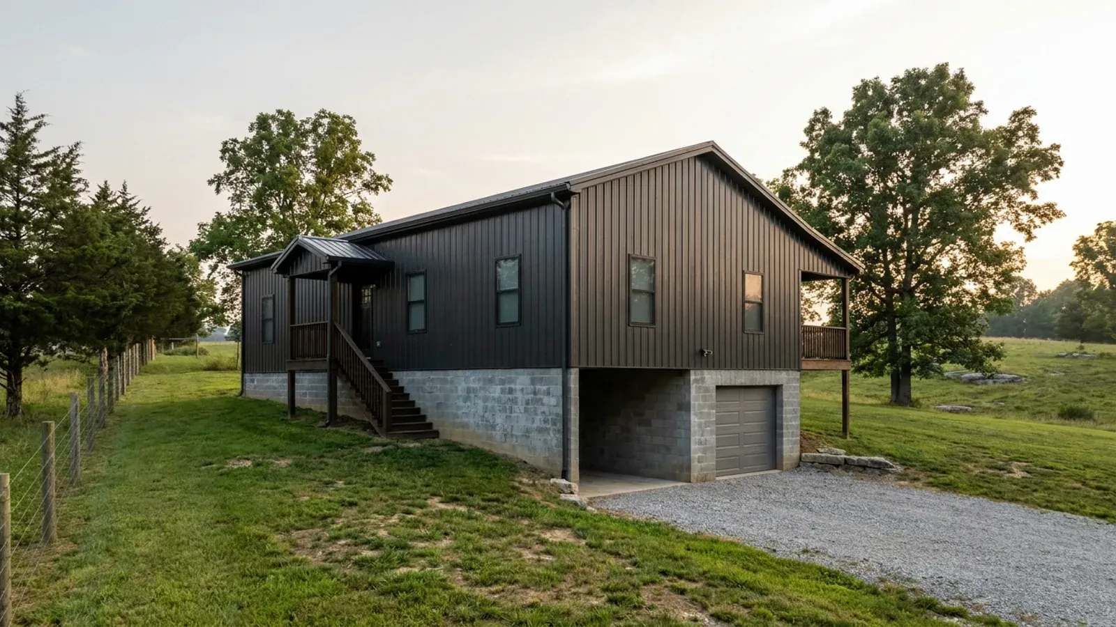 A barndominium raised on a stem-wall foundation with steps up to the entry and enclosed storage space beneath the elevated floor.