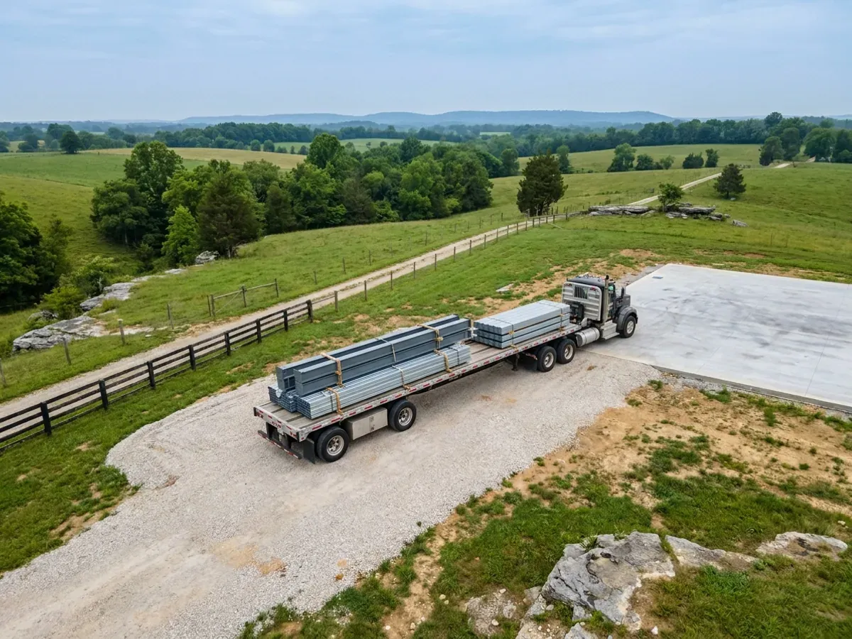 A flatbed truck delivering banded steel frame members and stacked metal roof panels to a building site beside a finished concrete slab.