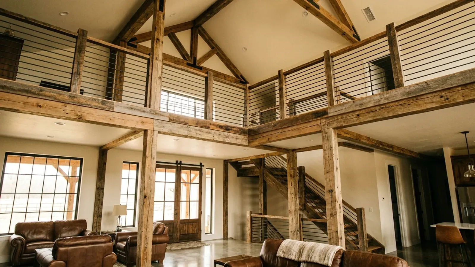 A barndominium great room with an open loft level and railing built over part of the room, reached by an open staircase.