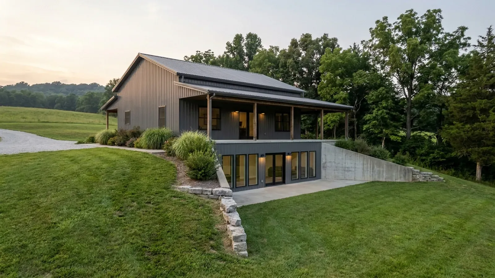A barndominium with a walkout basement built into a sloping lot, the lower level opening onto a patio at grade.