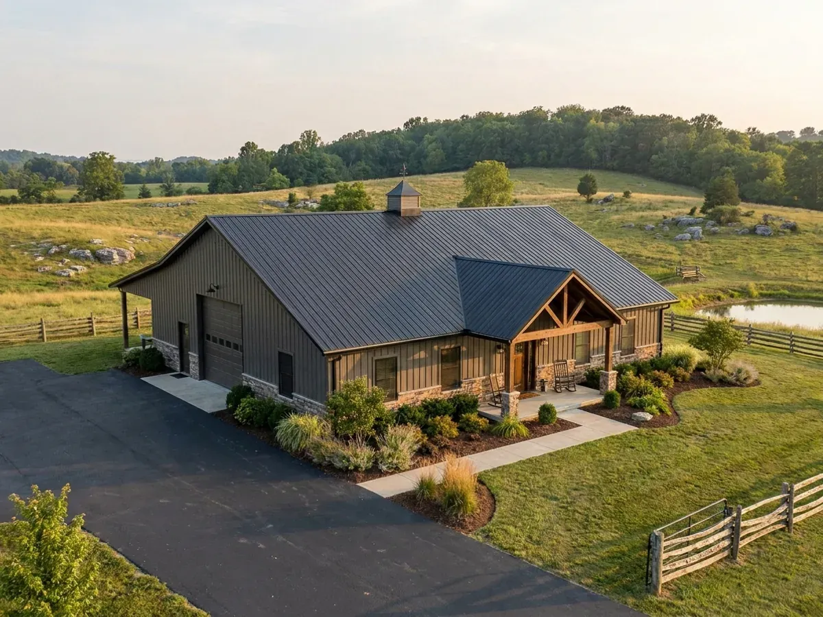 A completed barndominium home viewed from the front corner, with finished landscaping, a covered entry porch and an attached shop bay.
