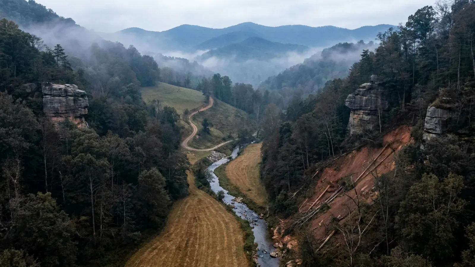 A narrow Appalachian hollow with a hayfield along the creek and steep forested mountainsides rising on both sides.