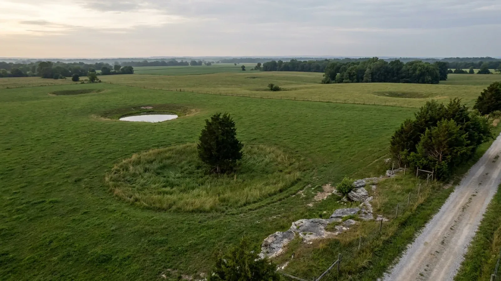 A gently rolling limestone farming plain pocked with shallow sinkhole depressions, one holding standing water.