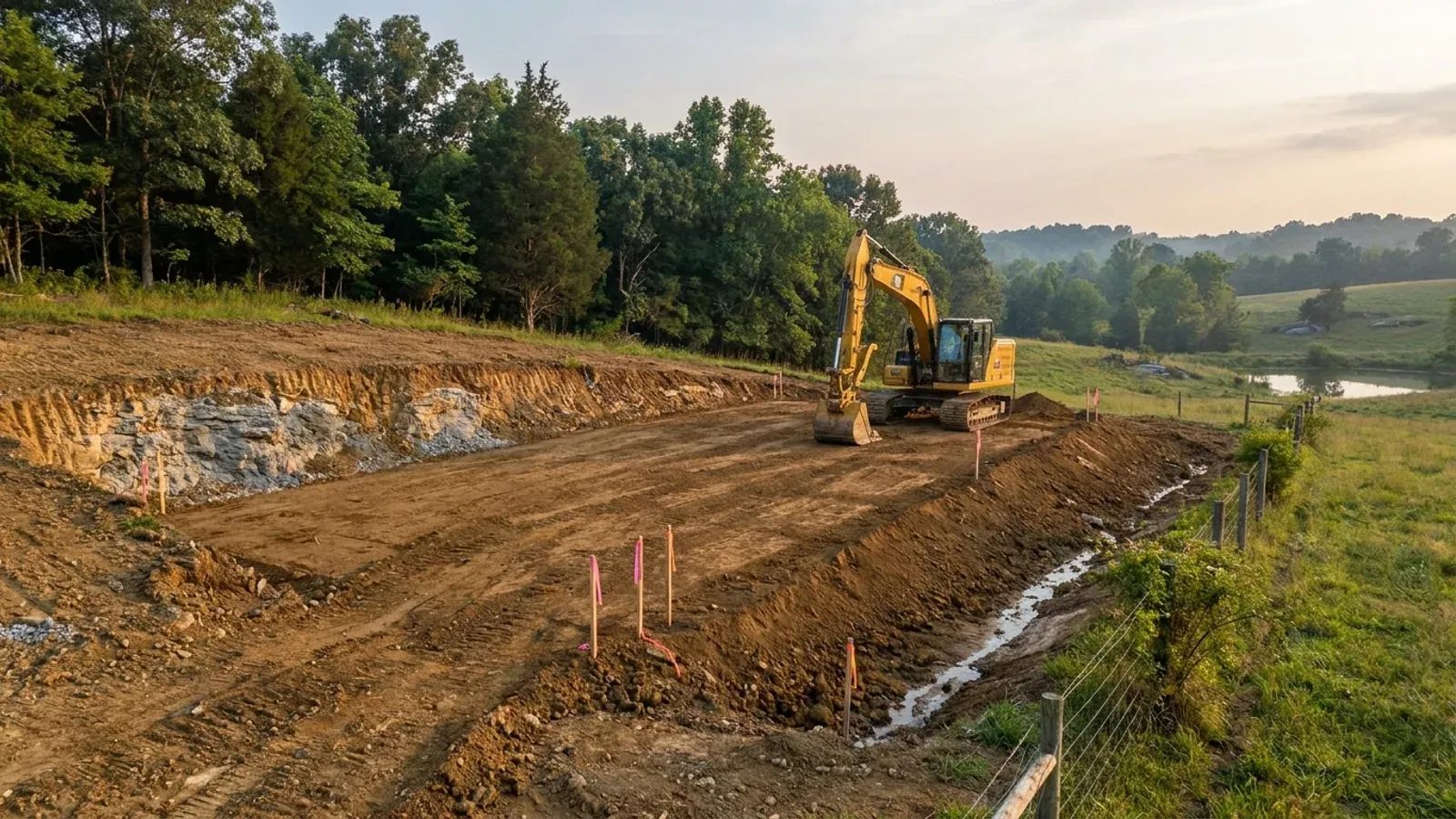 An excavator grading a compacted building pad on a cleared lot, with survey stakes and a drainage swale visible.