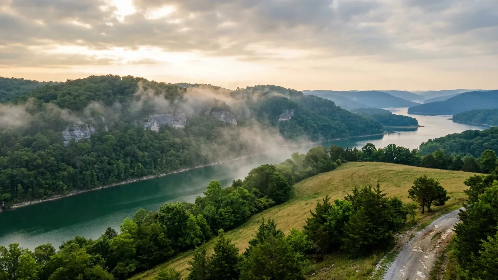A narrow arm of Lake Cumberland held between steep wooded ridges, with a cleared hayfield on the ridge top above the water.