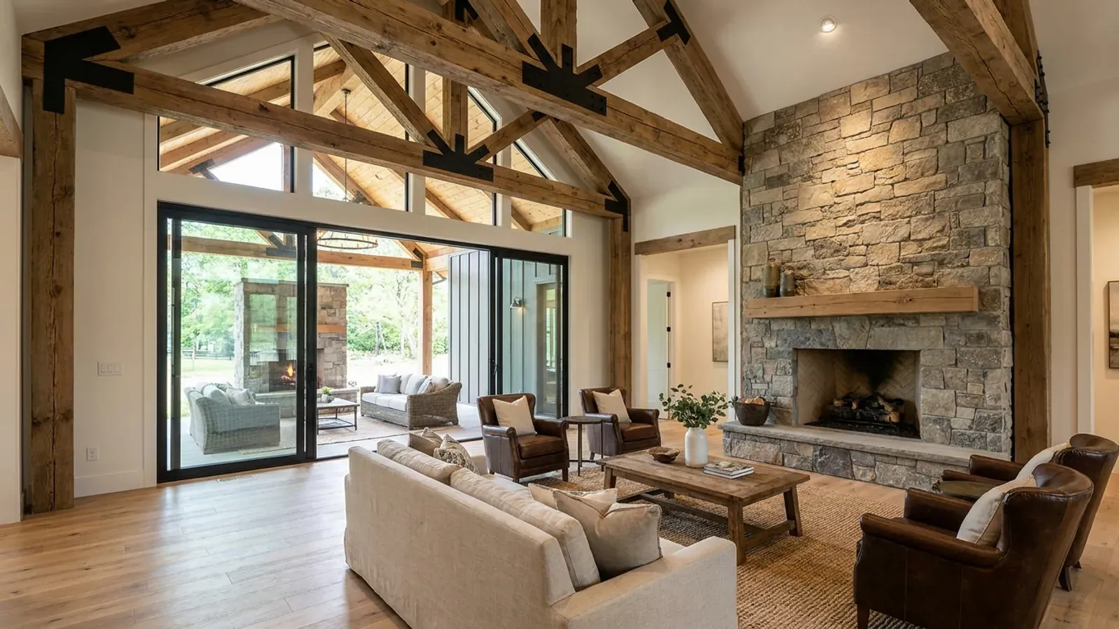 A vaulted barndominium great room with exposed wood trusses, a wall of glazed sliding doors, and a stone-clad fireplace.