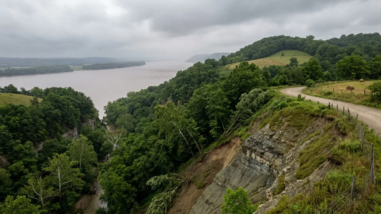 Steep wooded Ohio River hills with grey limestone and shale exposed in a road cut and a slumped scar on the slope below.
