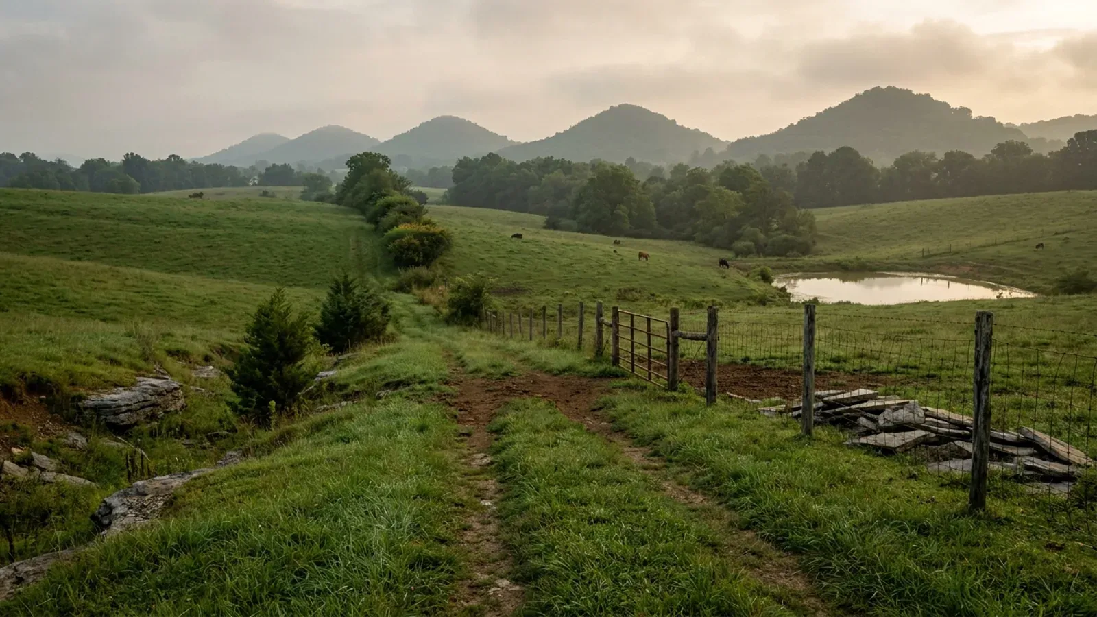 Rolling Outer Bluegrass pasture with limestone ledges at a field edge and steep wooded knobs standing on the horizon.