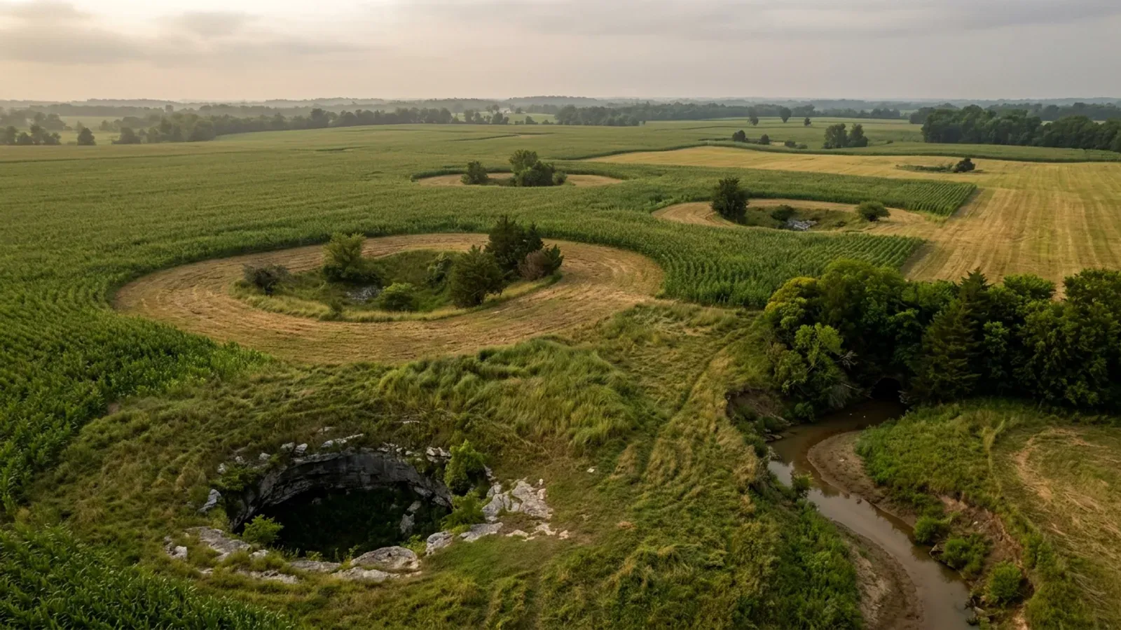 A wide, nearly level farmed plain dotted with closed sinkhole depressions, some left in grass with trees growing in the bottom.