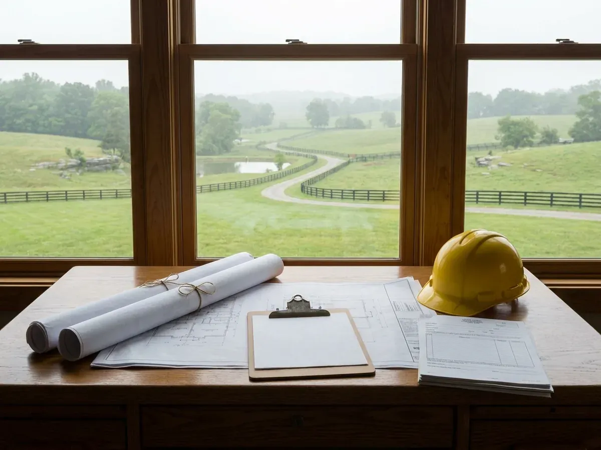 A building permit submittal package on a desk with rolled construction drawings, forms on a clipboard, and a hard hat.