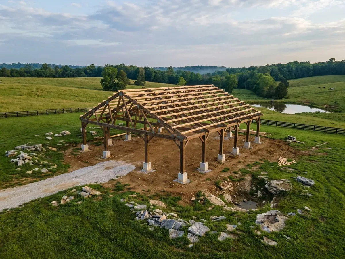 A post-frame home under construction, showing laminated timber columns on concrete piers and wide-span roof trusses with no interior bearing walls.