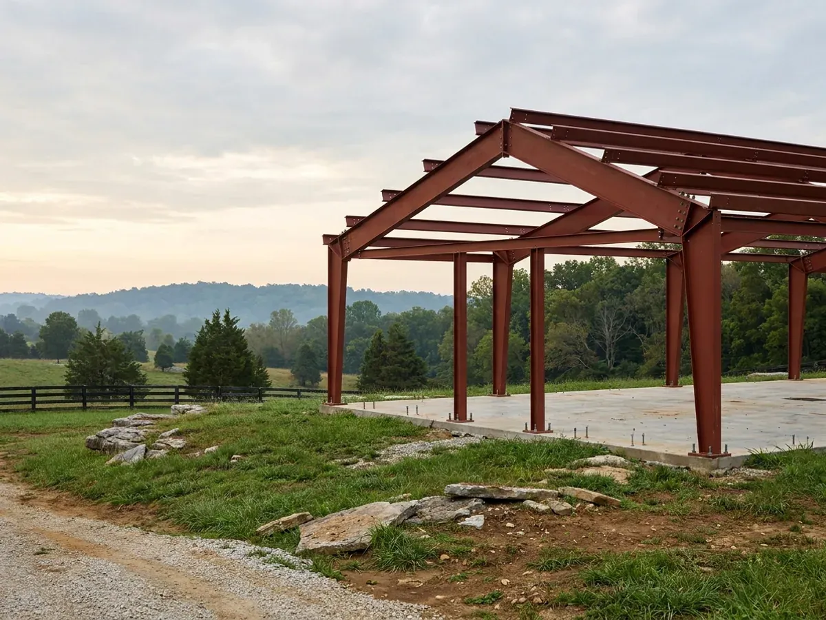 A red oxide primed structural steel frame partly erected on a concrete slab, showing bolted knee joints and anchor bolts.