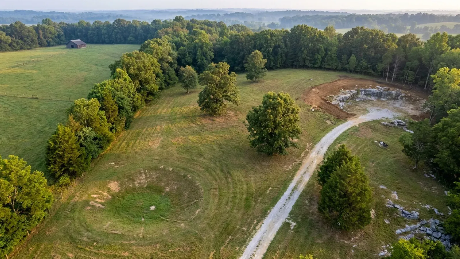Aerial view of an undeveloped rural lot with cleared grass, an oak and hickory treeline, and a pale gravel access track.
