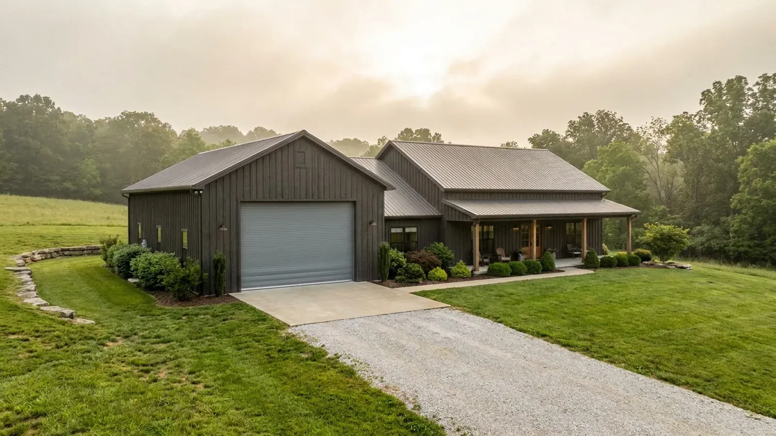 A barndominium with a tall, deep RV garage bay attached to the residence under one continuous roof.
