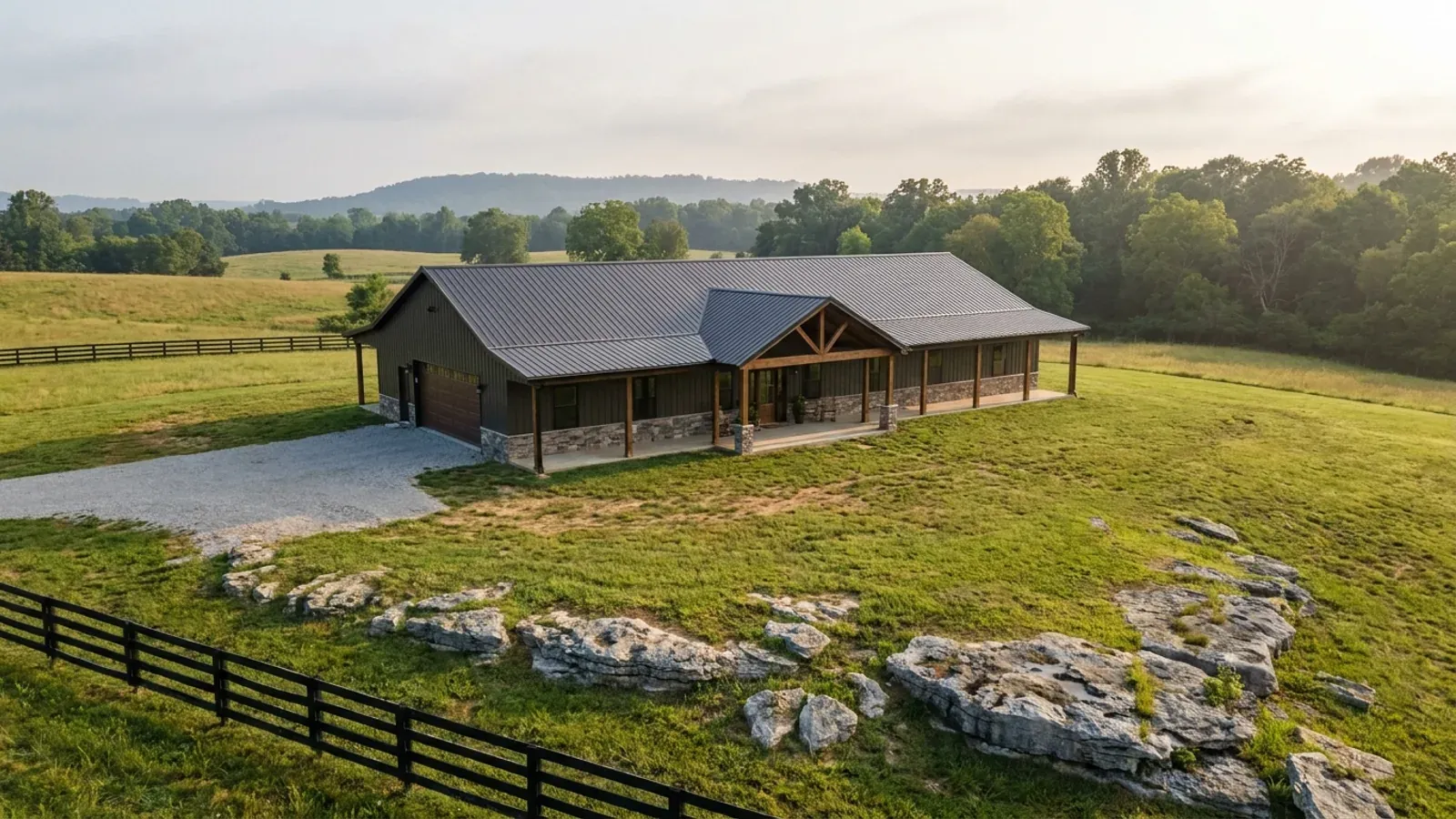 A completed single-story barndominium with a long, low roofline and no upper-level windows.
