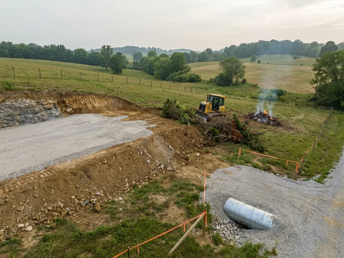 A dozer clearing brush on a rural parcel beside a compacted crushed-stone building pad, with grey limestone exposed in the cut and a culvert set at the driveway entrance.