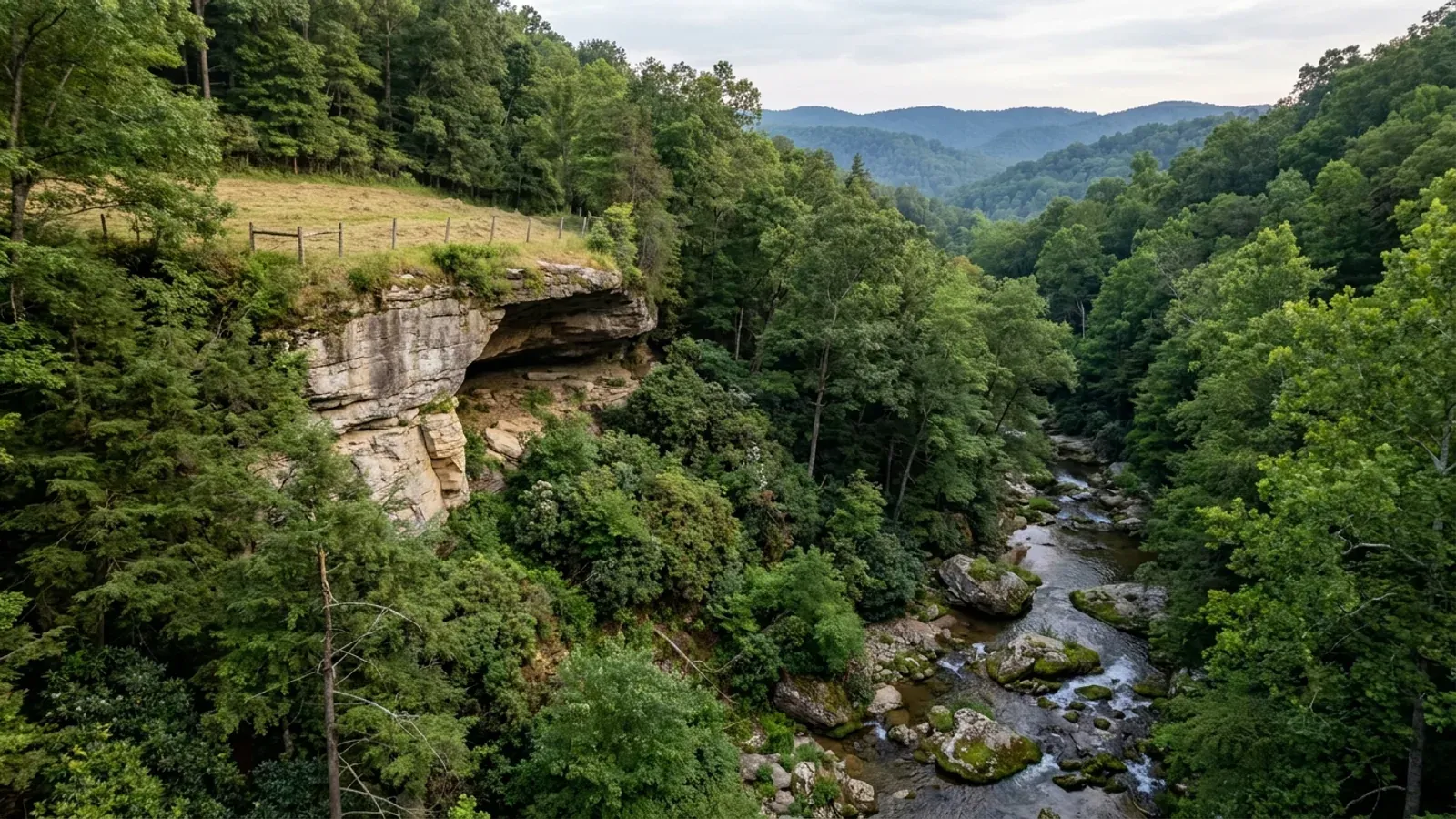 A sandstone cliff line in steep hardwood forest above a boulder-bedded creek, with a narrow cleared pasture on the ridge top.