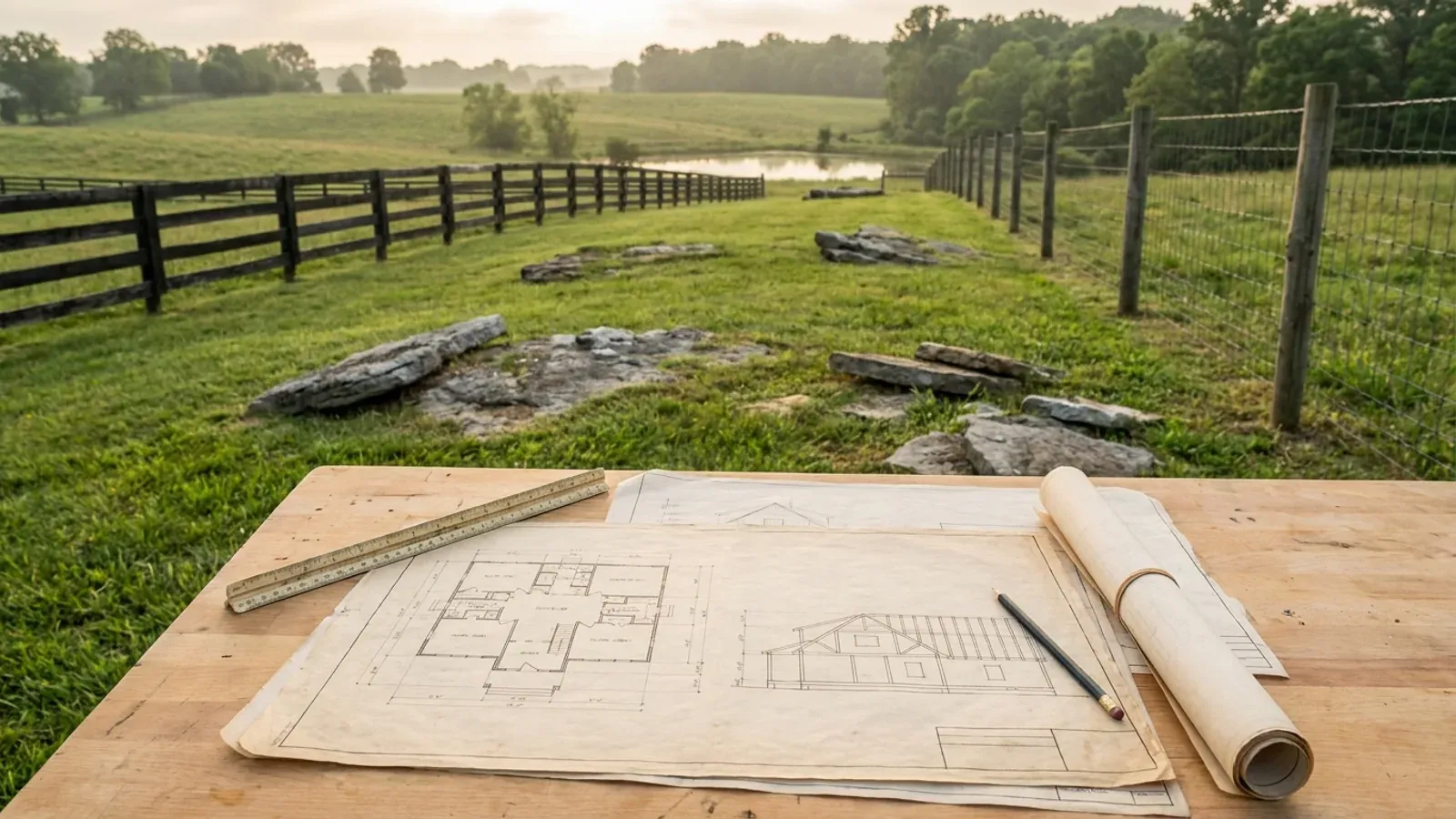 Overhead view of architectural floor plan and structural elevation drawings spread on a workbench with a scale ruler and pencil.